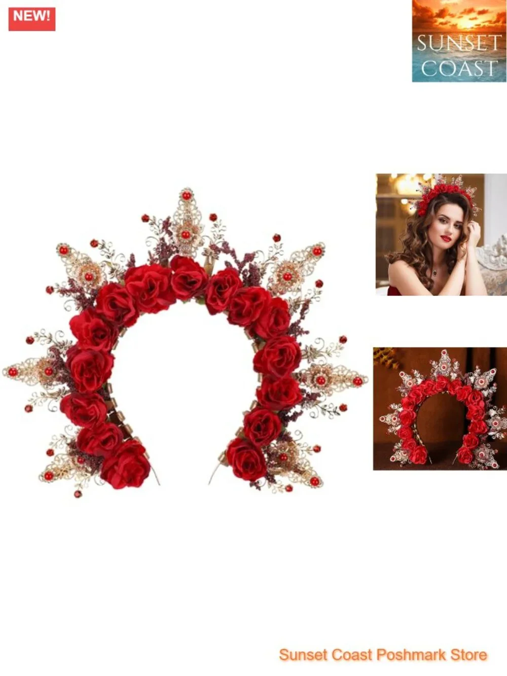 Gothic Floral Halo Crown Headpiece with Red Rose Accents Handmade Tiered Spike